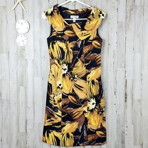 Dressbarn Floral Sheath Midi Dress Yellow Black Size 4